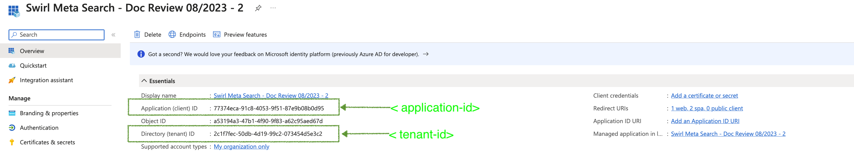Azure App and Tenant Ids
